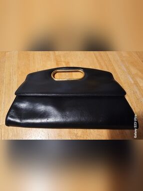 Black Leather Handheld Clutch with Gold Handle